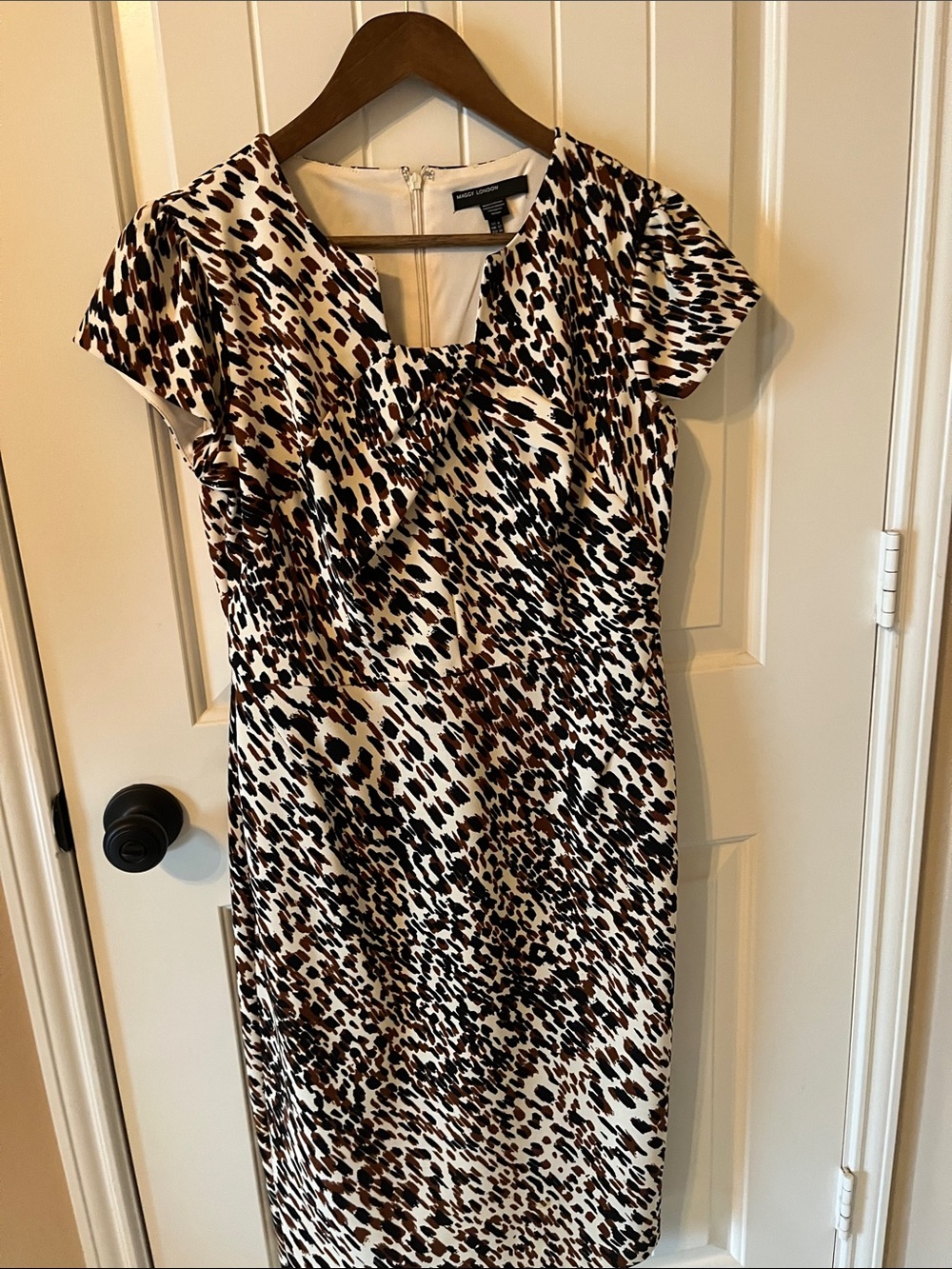 Maggy London White, Black and Brown Animal Print Ruffle Sheath Dress